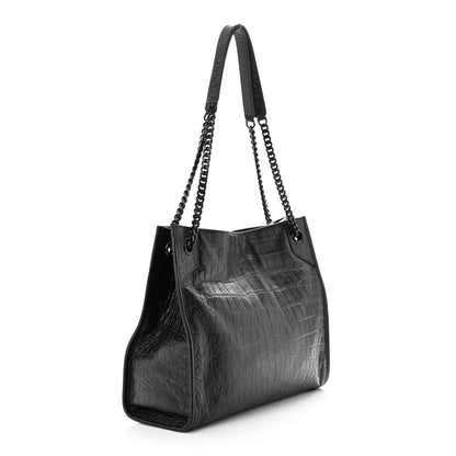 Saint Laurent Calfskin Crocodile Embossed Monogram Medium Niki Shopping Bag Black 3 of 11