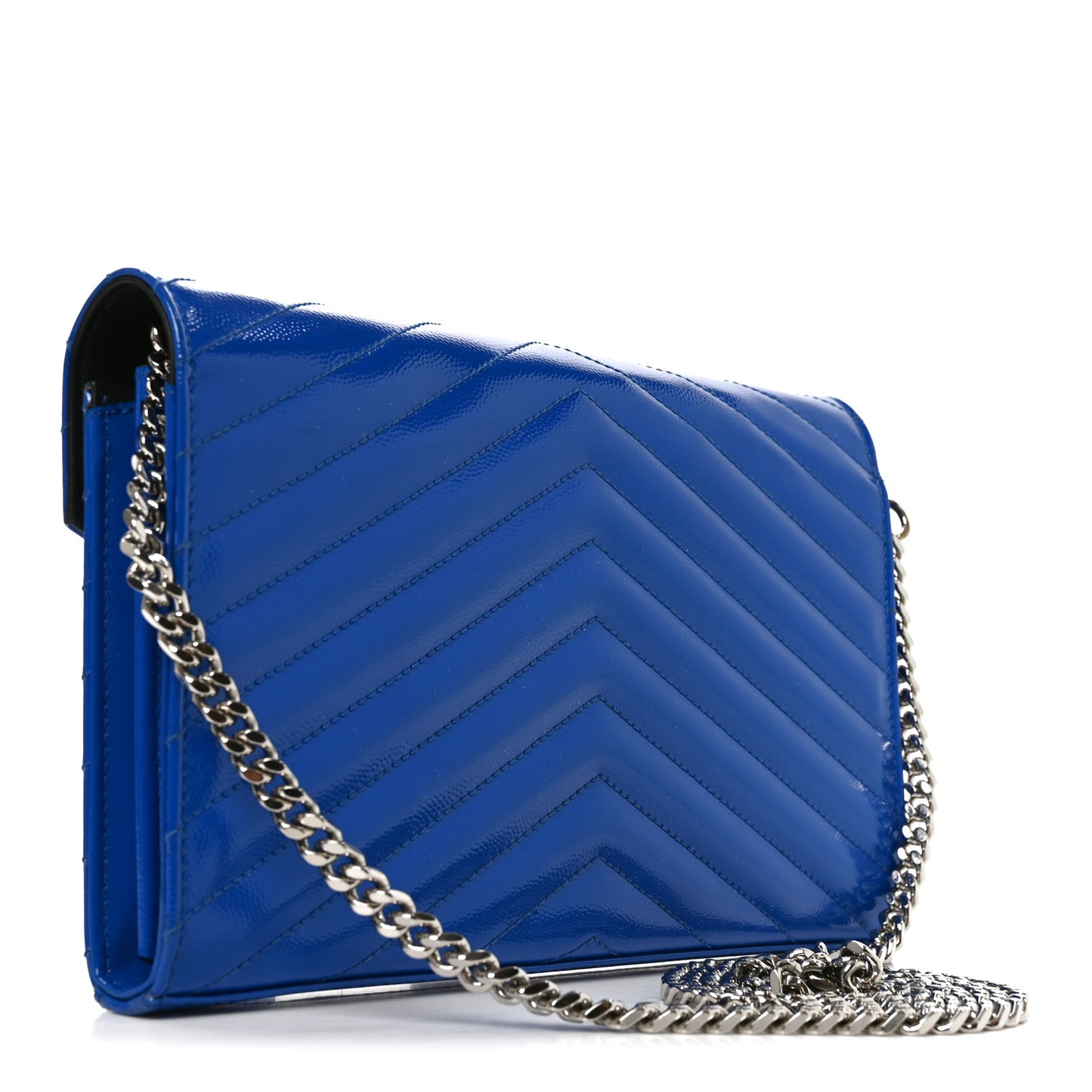 Patent Grain De Poudre Matelasse Chevron Monogram Chain Wallet Blue Majorelle
