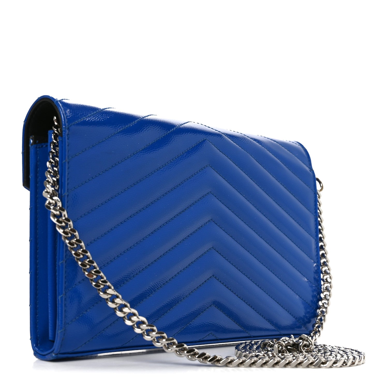 Saint Laurent Patent Grain De Poudre Matelasse Chevron Monogram Chain Wallet Blue Majorelle 3 of 11
