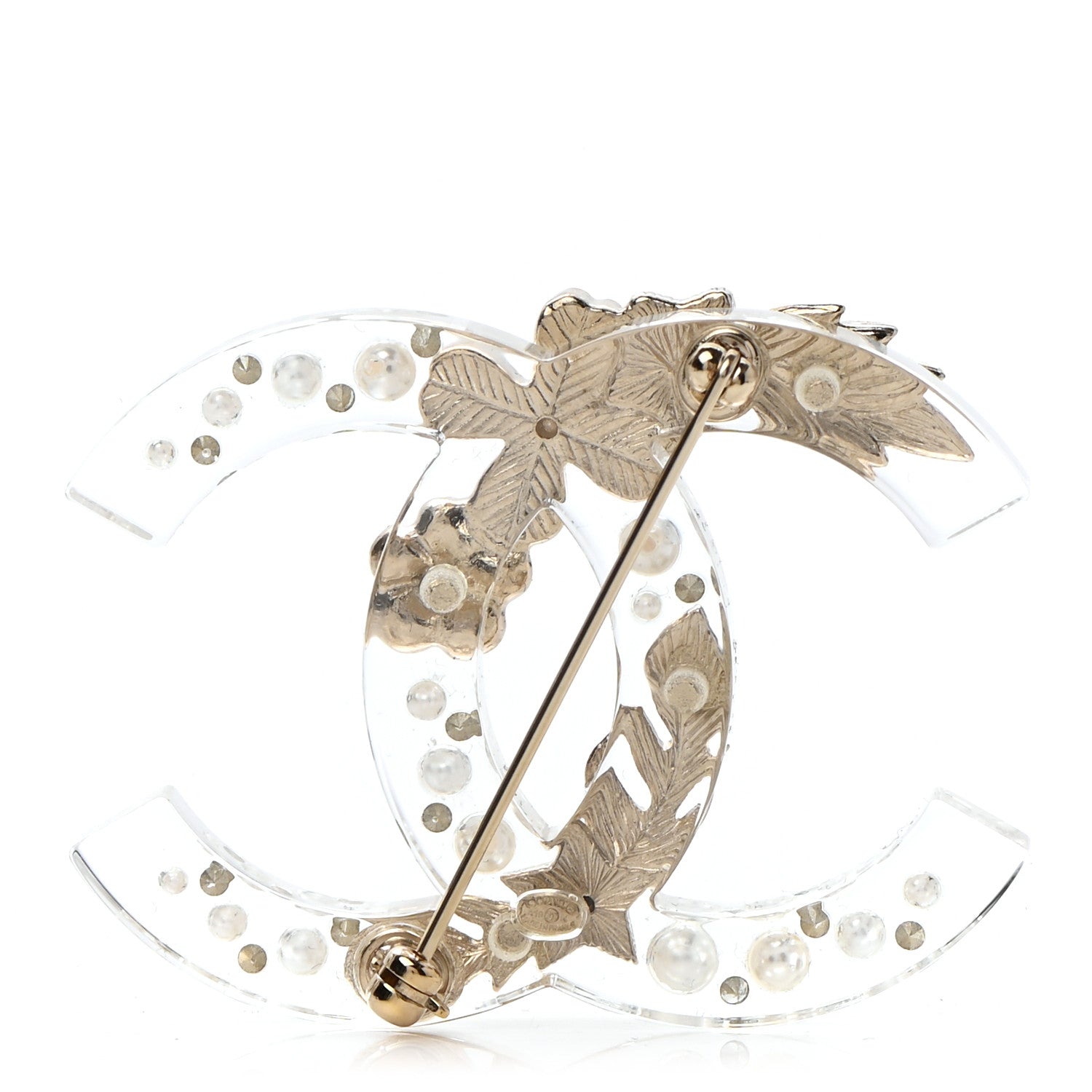 Chanel Resin Pearl Crystal CC Brooch Transparent Gold 3 of 4