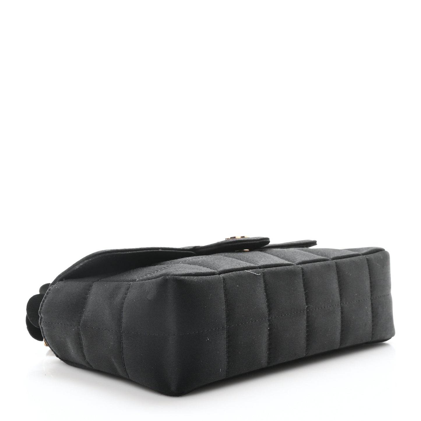 Satin Chocolate Bar Quilted Camellia Rectangular Mini Flap Black