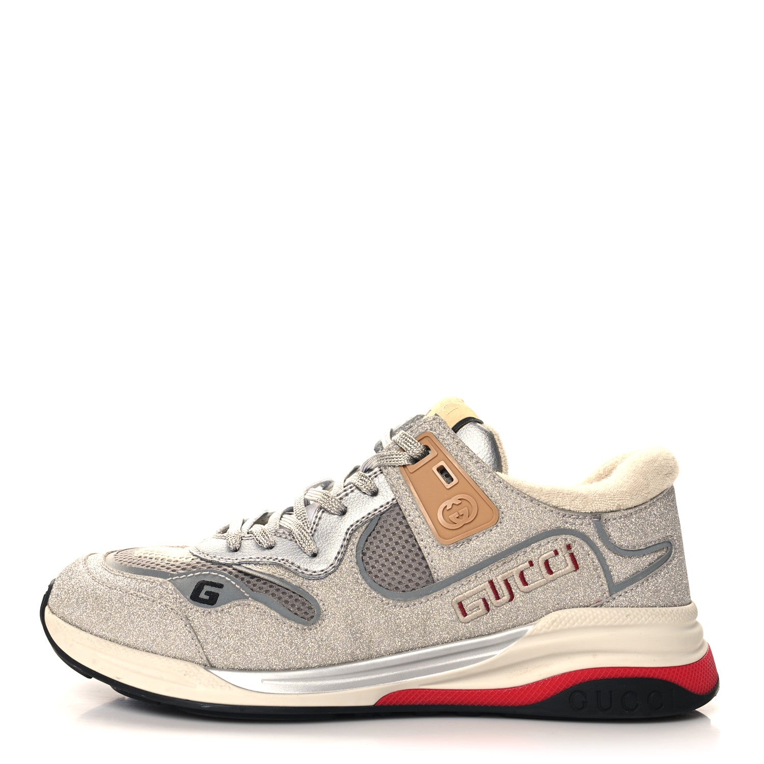 Gucci Metallic Calfskin Glitter Mesh Mens Ultrapace Sneakers 8 Silver Light Grey Mystic White 1 of 9