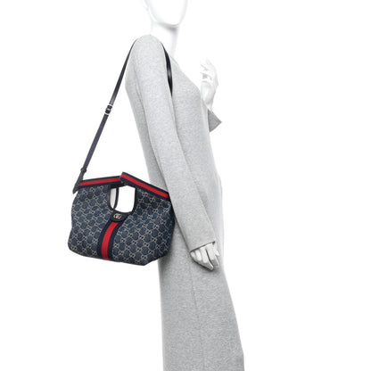 Gucci Denim GG Monogram Web Small Giglio Tote Blue White 2 of 11