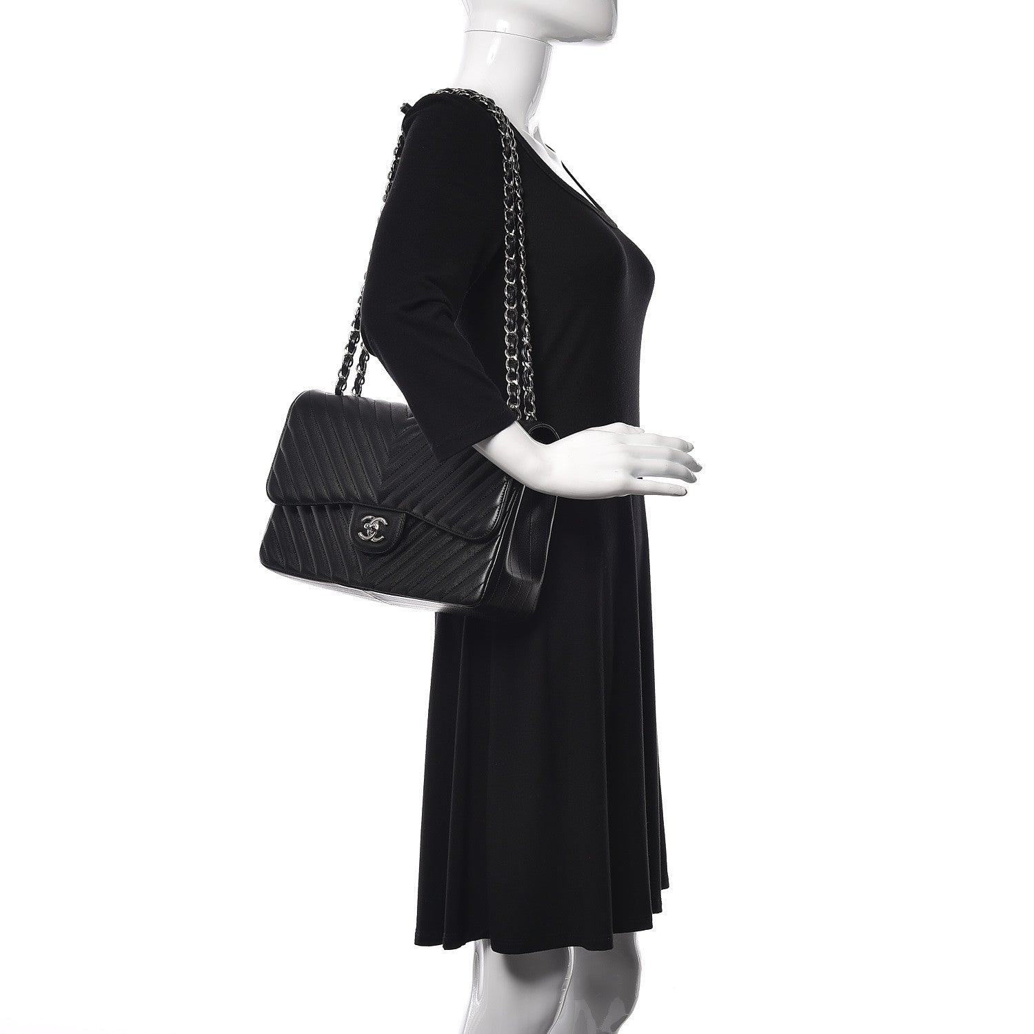 Chanel Caviar Chevron Quilted Jumbo Double Flap Black 2 of 10