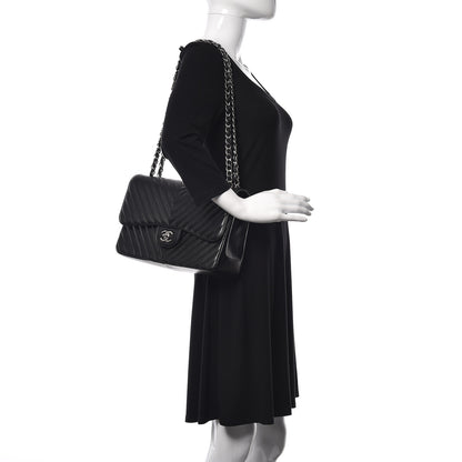 Chanel Caviar Chevron Quilted Jumbo Double Flap Black 2 of 10