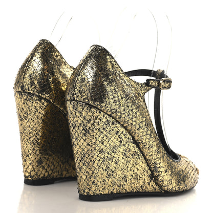 Chanel Metallic Snakeskin Studded CC T-Strap Wedges 37 Gold Black 5 of 11