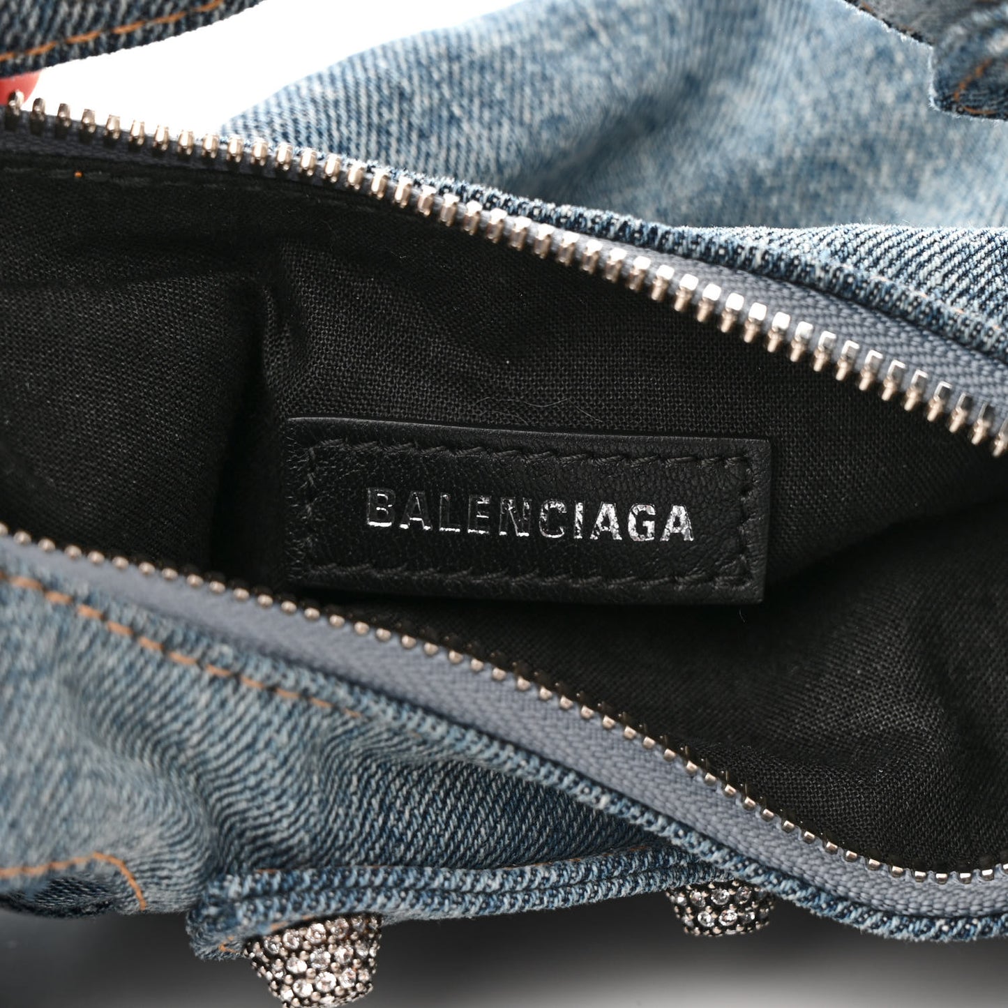 Washed Frayed Denim Crystal Le Cagole Shoulder Bag XS Blue