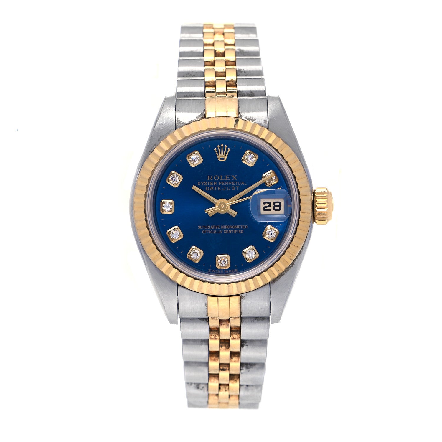 Rolex Stainless Steel 18K Yellow Gold Diamond 26mm Oyster Perpetual Datejust Watch Blue 79173 2 of 12