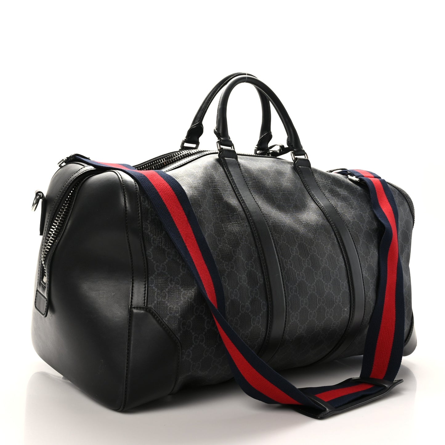 Soft GG Supreme Monogram Appia Calfskin Web Large Carry On Duffle Bag Black Grey