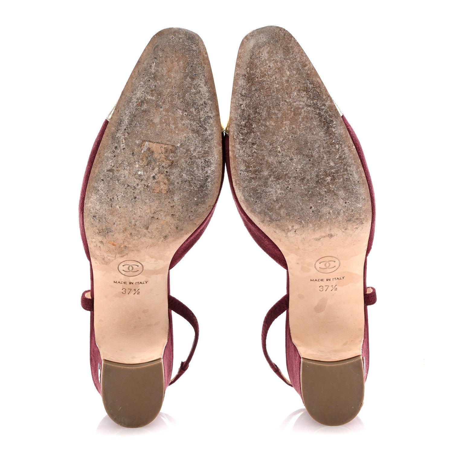 Chanel Kid Suede Metallic Lambskin Cap Toe CC Slingback Pumps 37.5 Burgundy Gold 6 of 12