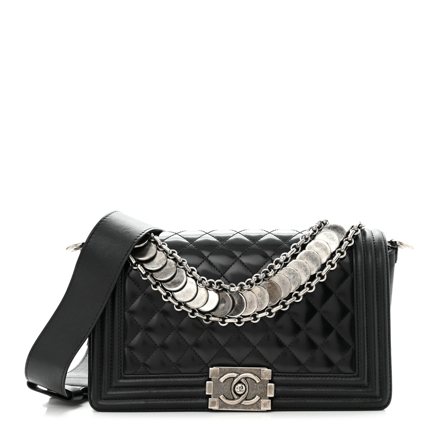 Patent Calfskin Quilted Paris Bombay Medallion Embellished Medium Boy Flap Black