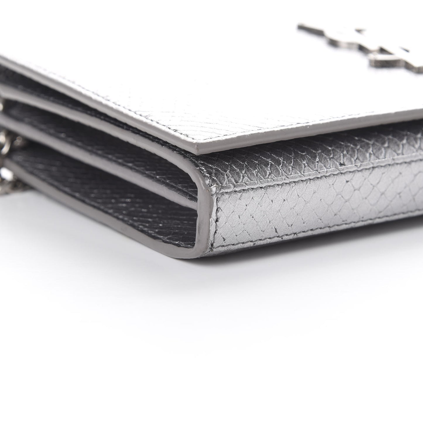 Metallic Calfskin Python Embossed Monogram Chain Wallet Silver