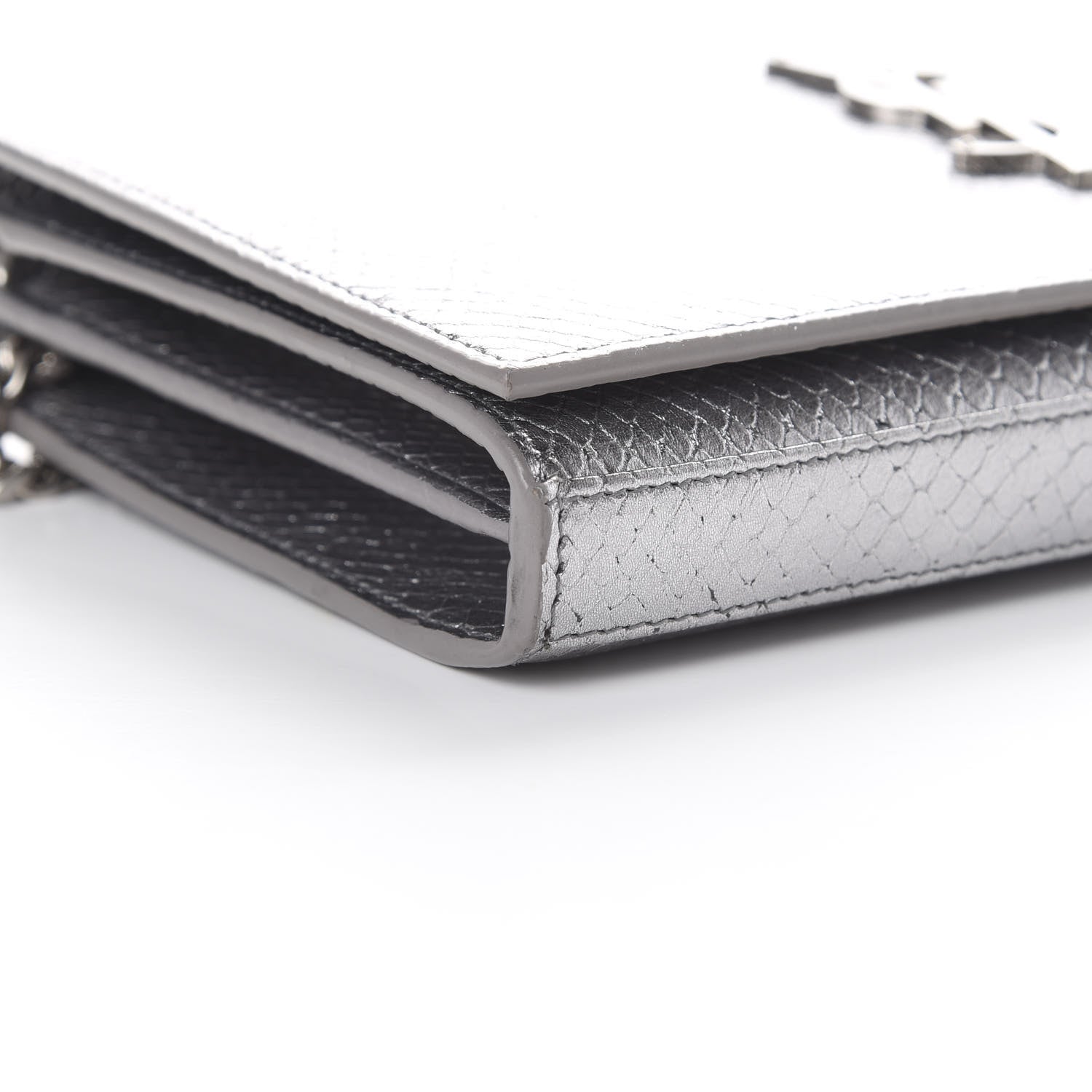 Saint Laurent Metallic Calfskin Python Embossed Monogram Chain Wallet Silver 9 of 13