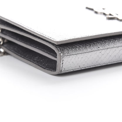 Saint Laurent Metallic Calfskin Python Embossed Monogram Chain Wallet Silver 9 of 13