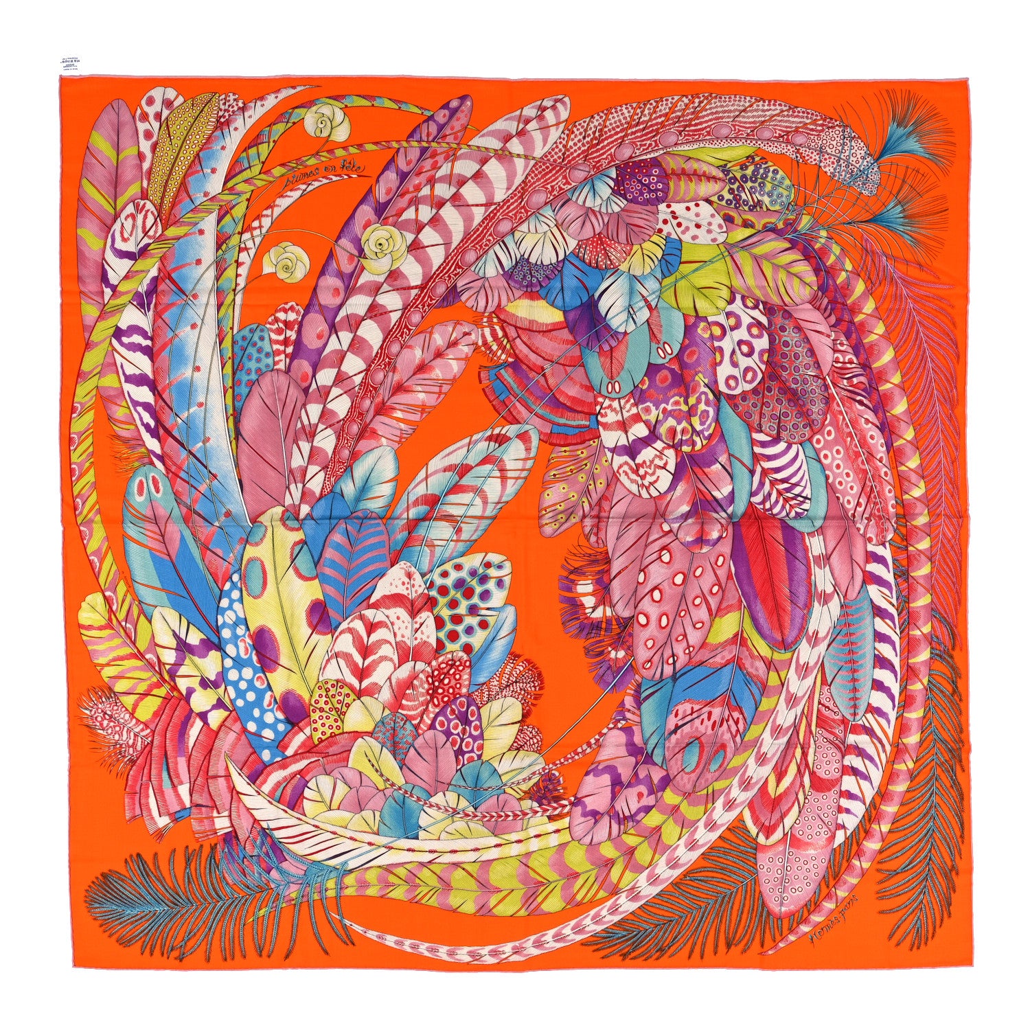 Hermes Cashmere Silk Plumes En Fete Shawl 140 Orange Mauve Multicolor 1 of 3
