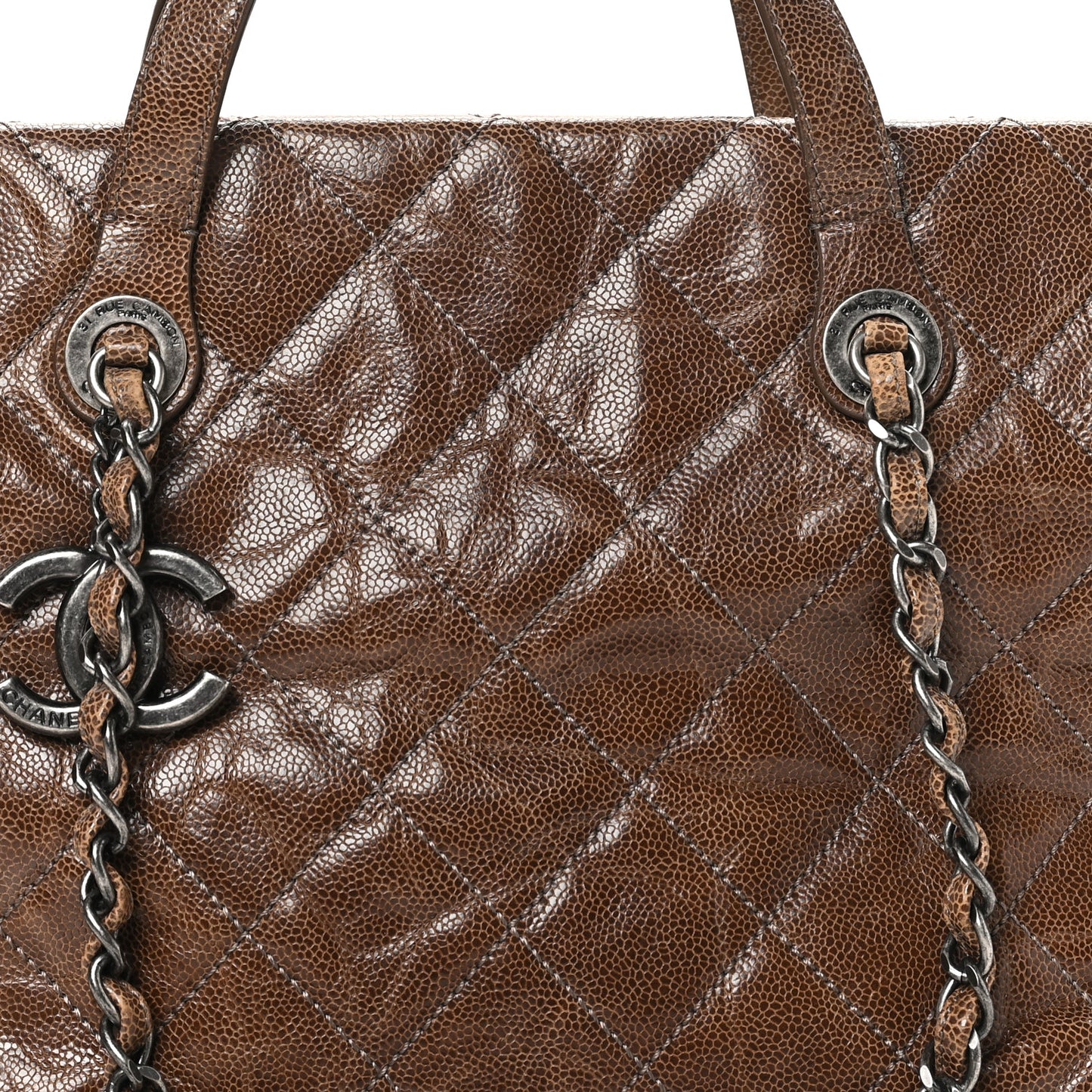 Crumpled Grained Calfskin Quilted CC Crave Tote Brown