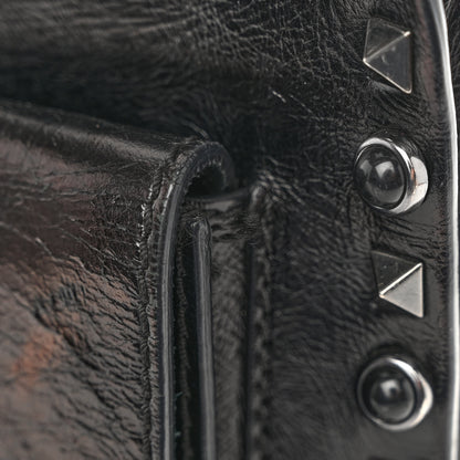 Valentino Garavani Craquele Calfskin Small Guitar Strap Rockstud Rolling Flap Pocket Shoulder Bag Black 11 of 12