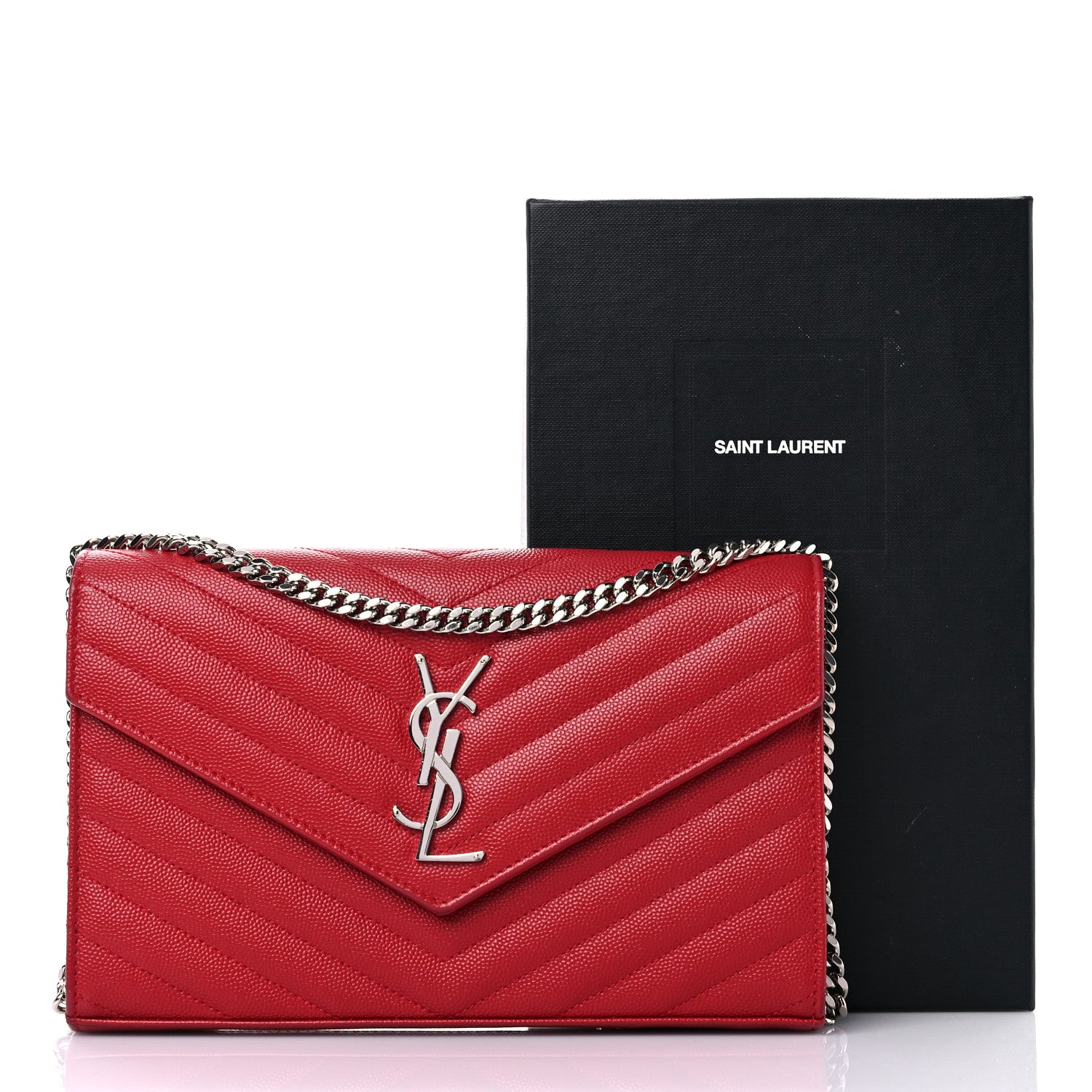 Saint Laurent Grain De Poudre Matelasse Chevron Monogram Chain Wallet New Red 13 of 13