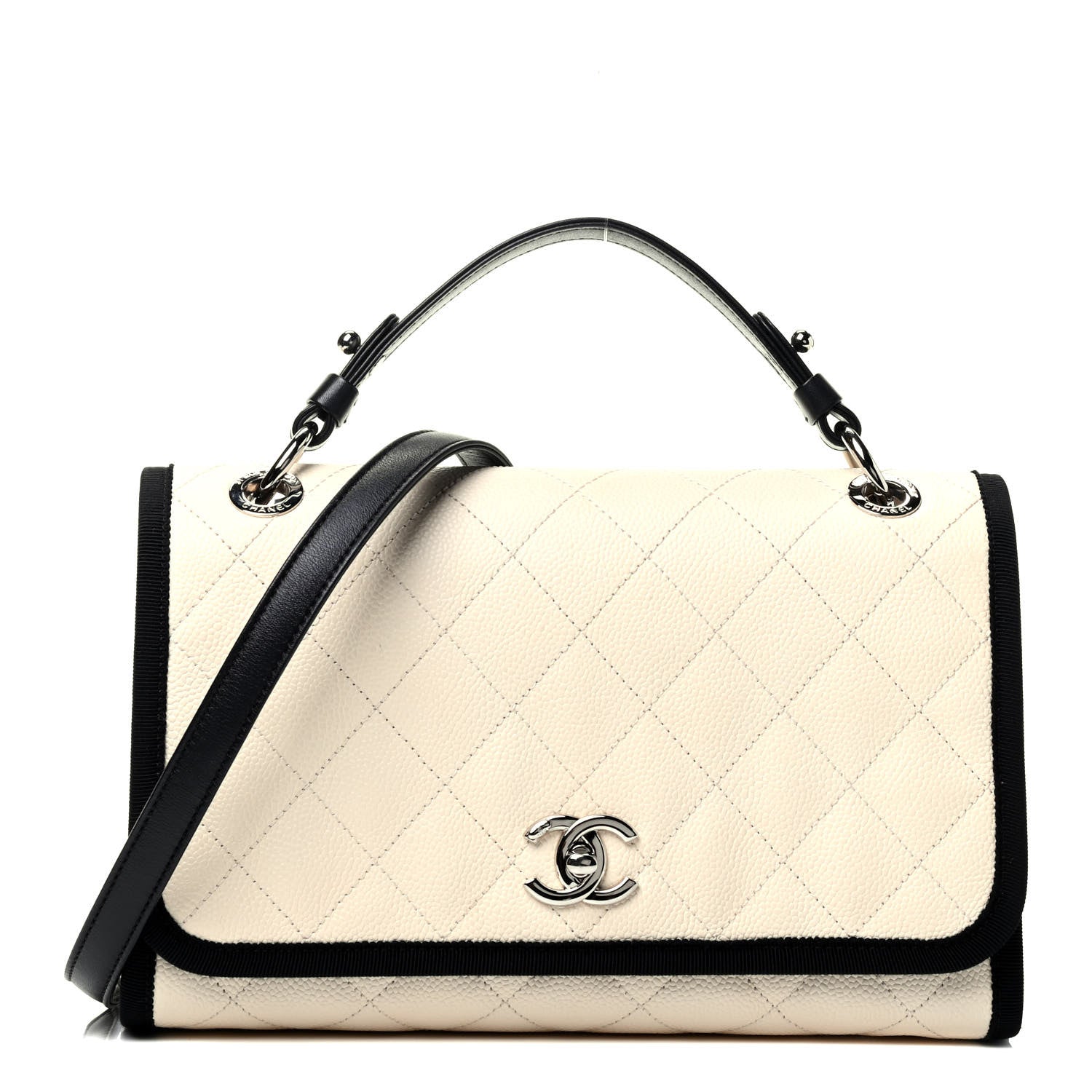 Chanel Caviar Grosgrain Quilted Top Handle CC Flap Beige Black 1 of 13
