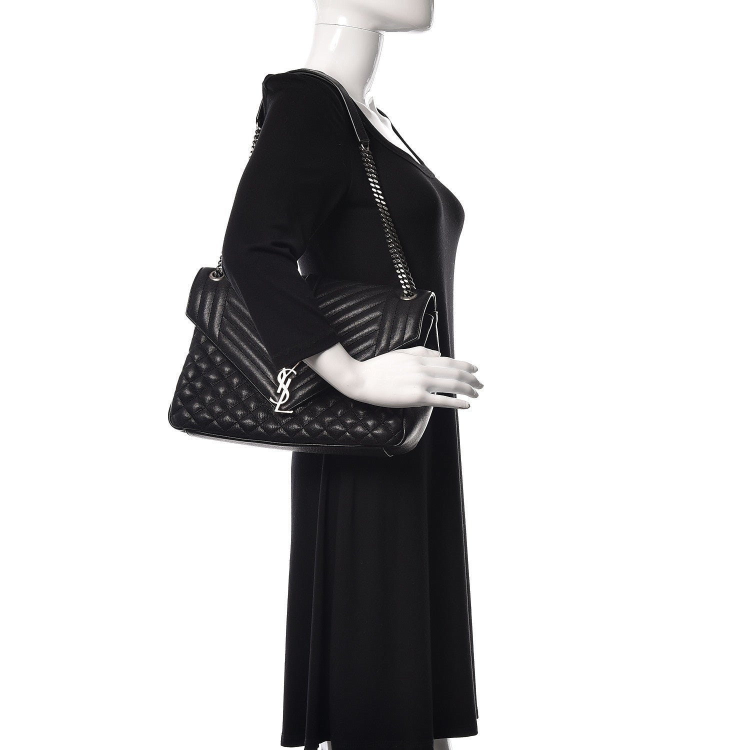Saint Laurent Calfskin Mixed Matelasse Triquilt Large Monogram Satchel Black 2 of 9