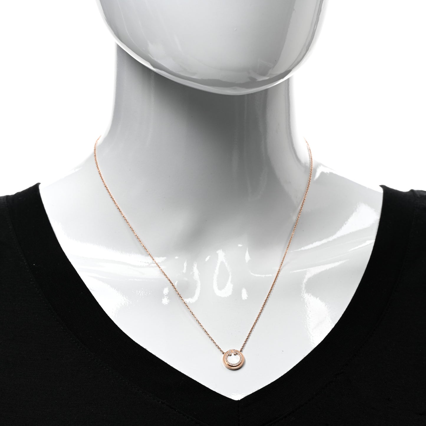 18K Rose Gold Diamond Mother of Pearl Small T Circle Pendant Necklace