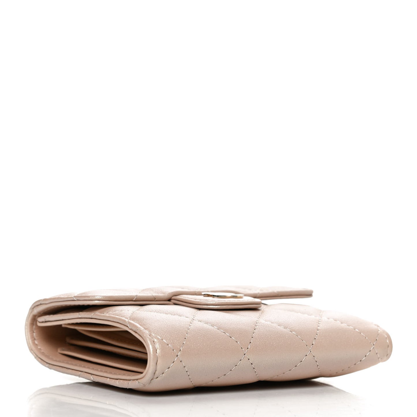 Iridescent Calfskin Quilted Compact Flap Wallet Beige