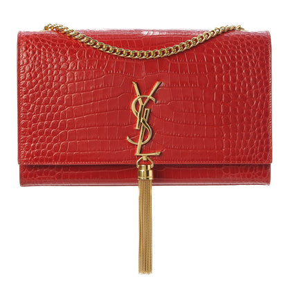 Saint Laurent Calfskin Crocodile Embossed Medium Classic Monogram Kate Tassel Satchel New Red 1 of 6