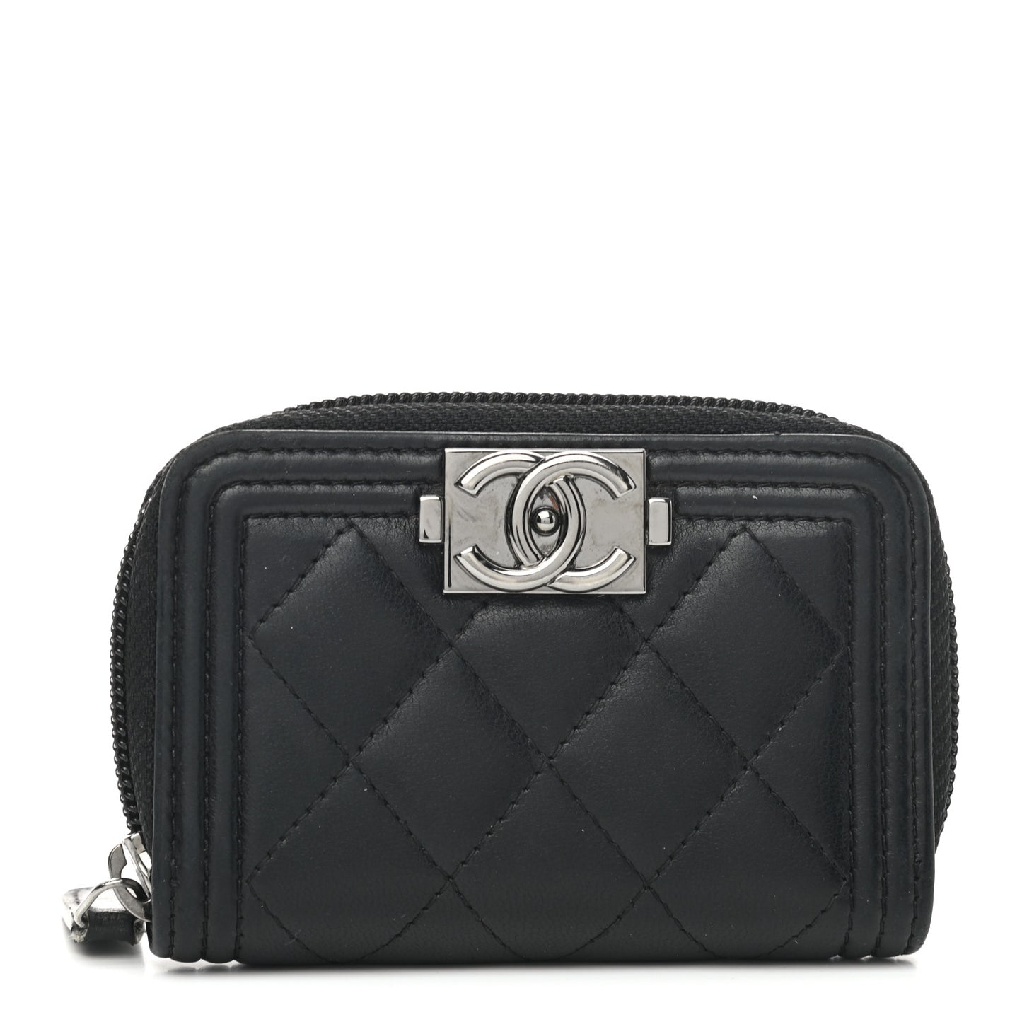 Lambskin Quilted Zip Around Boy Coin Purse Wallet Black
