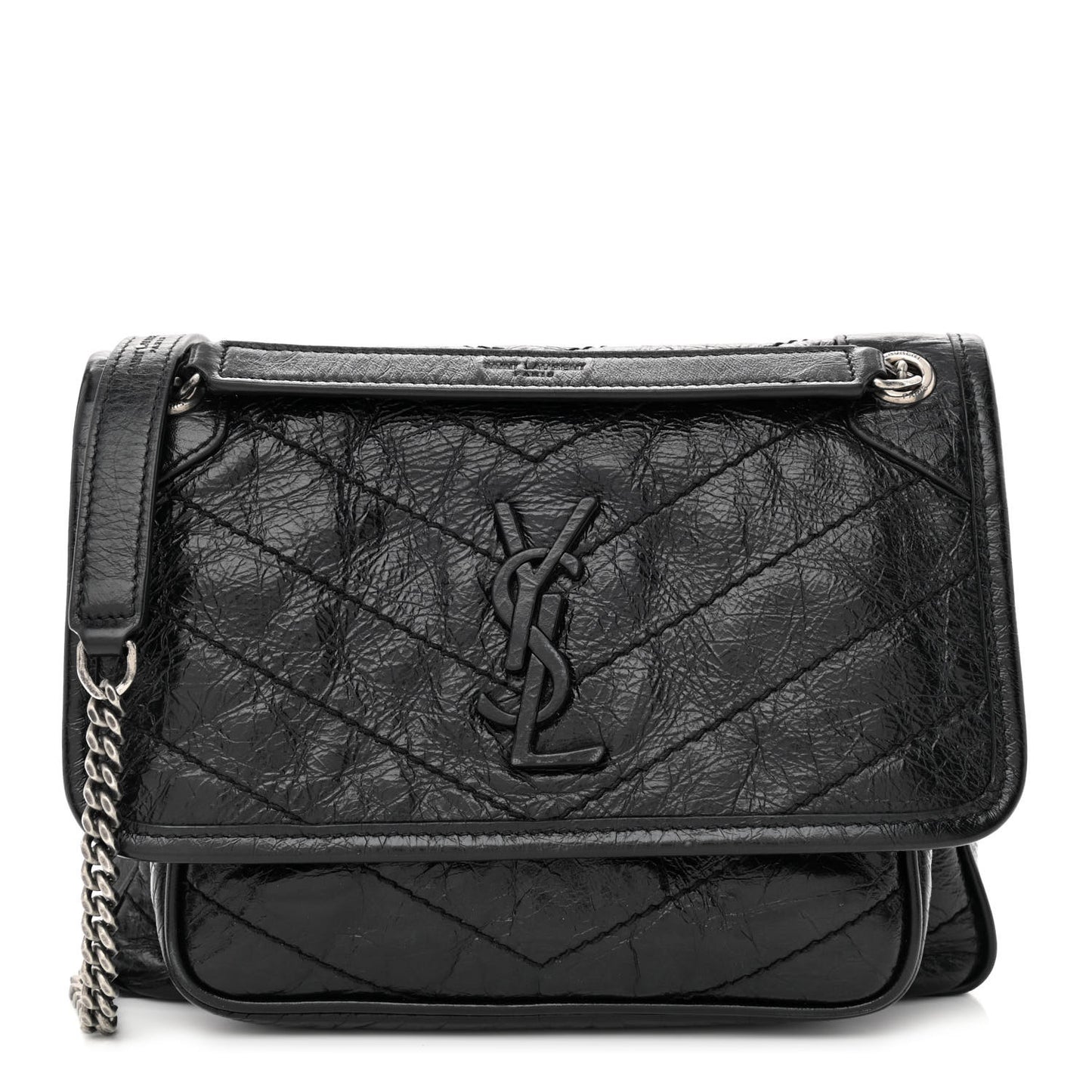 Crinkled Lambskin Matelasse Monogram Baby Niki Chain Satchel Black