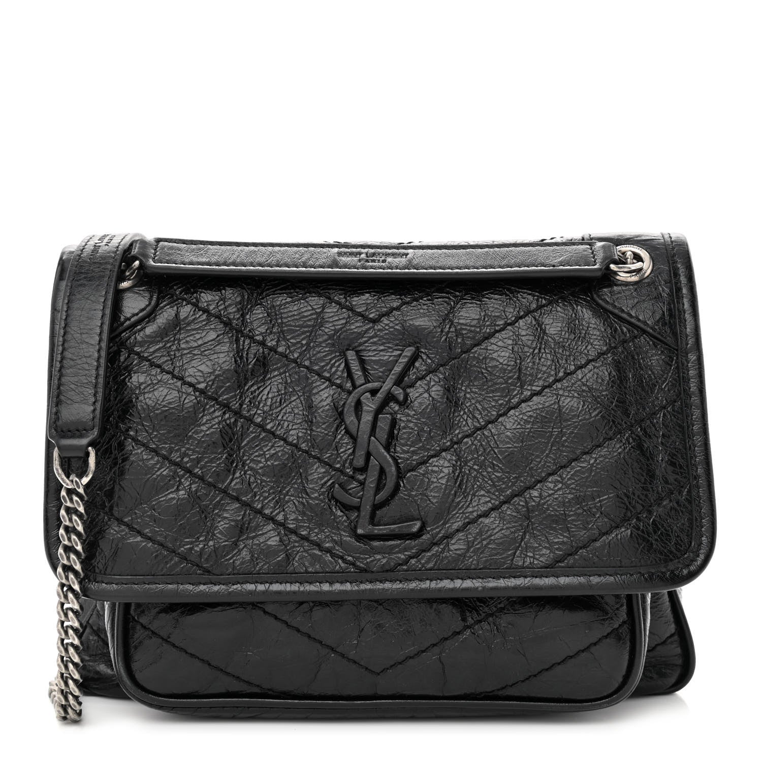 Saint Laurent Crinkled Lambskin Matelasse Monogram Baby Niki Chain Satchel Black 1 of 12
