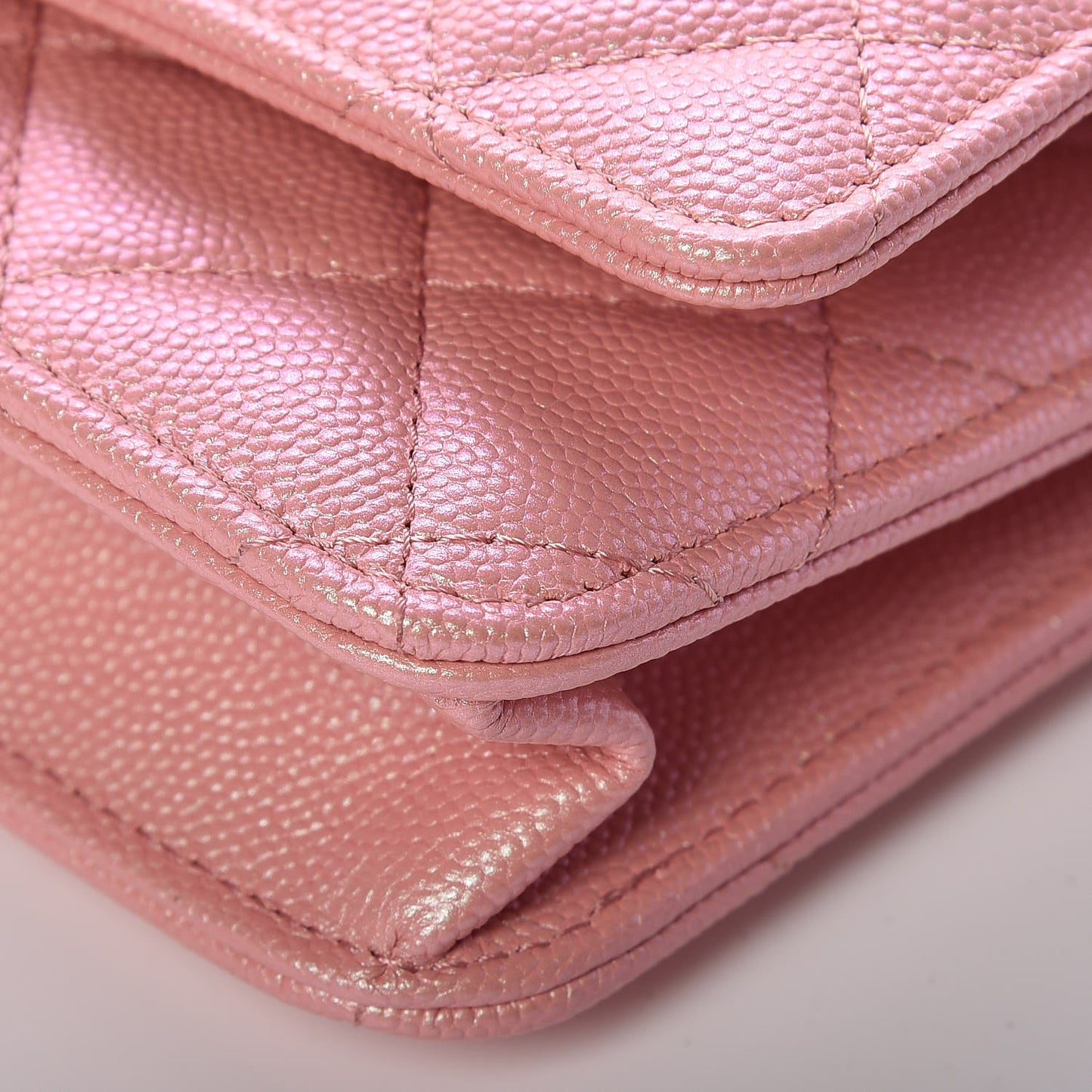 Iridescent Caviar Quilted Wallet on Chain WOC Rose Pink