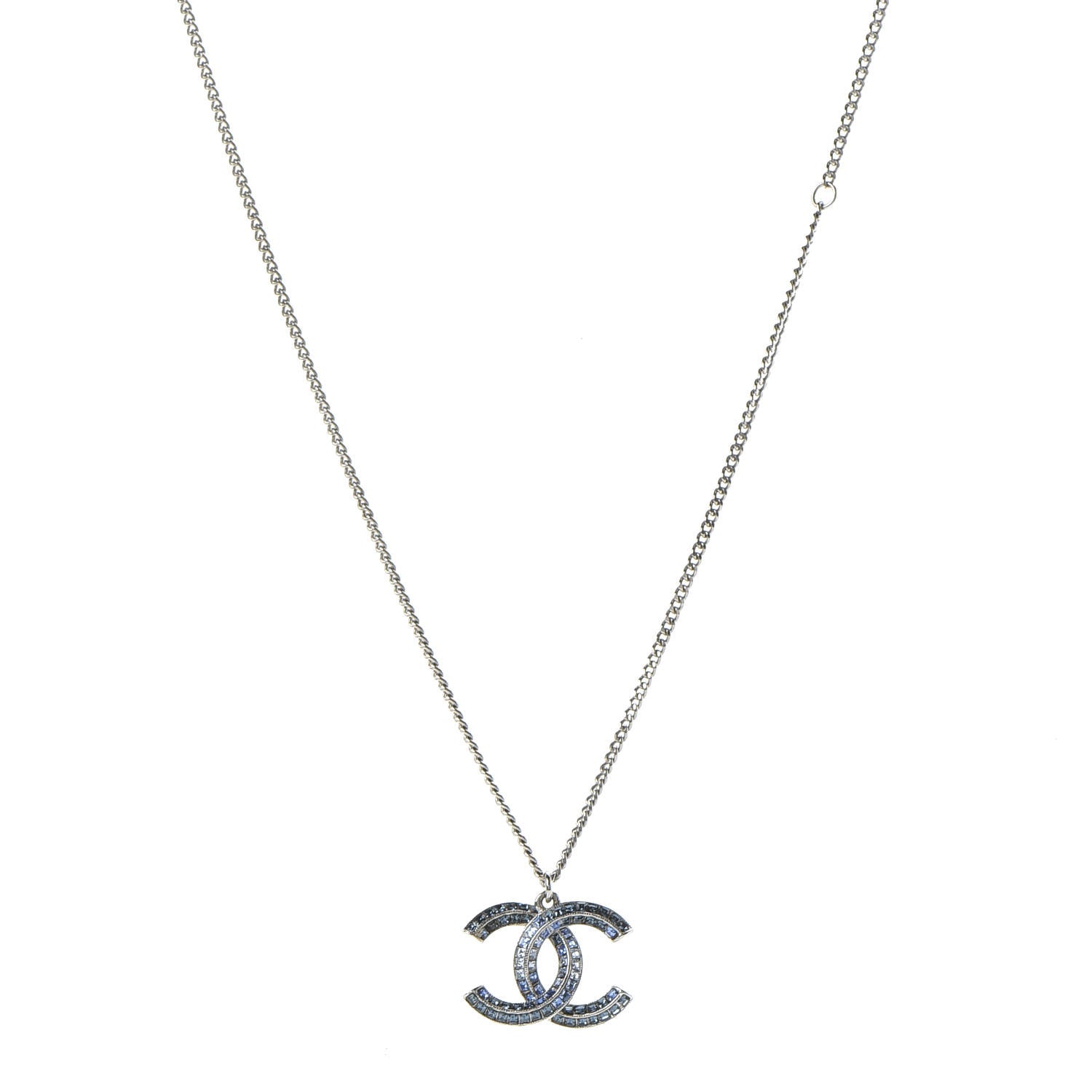 Chanel Crystal Baguette CC Necklace Silver Blue 1 of 7