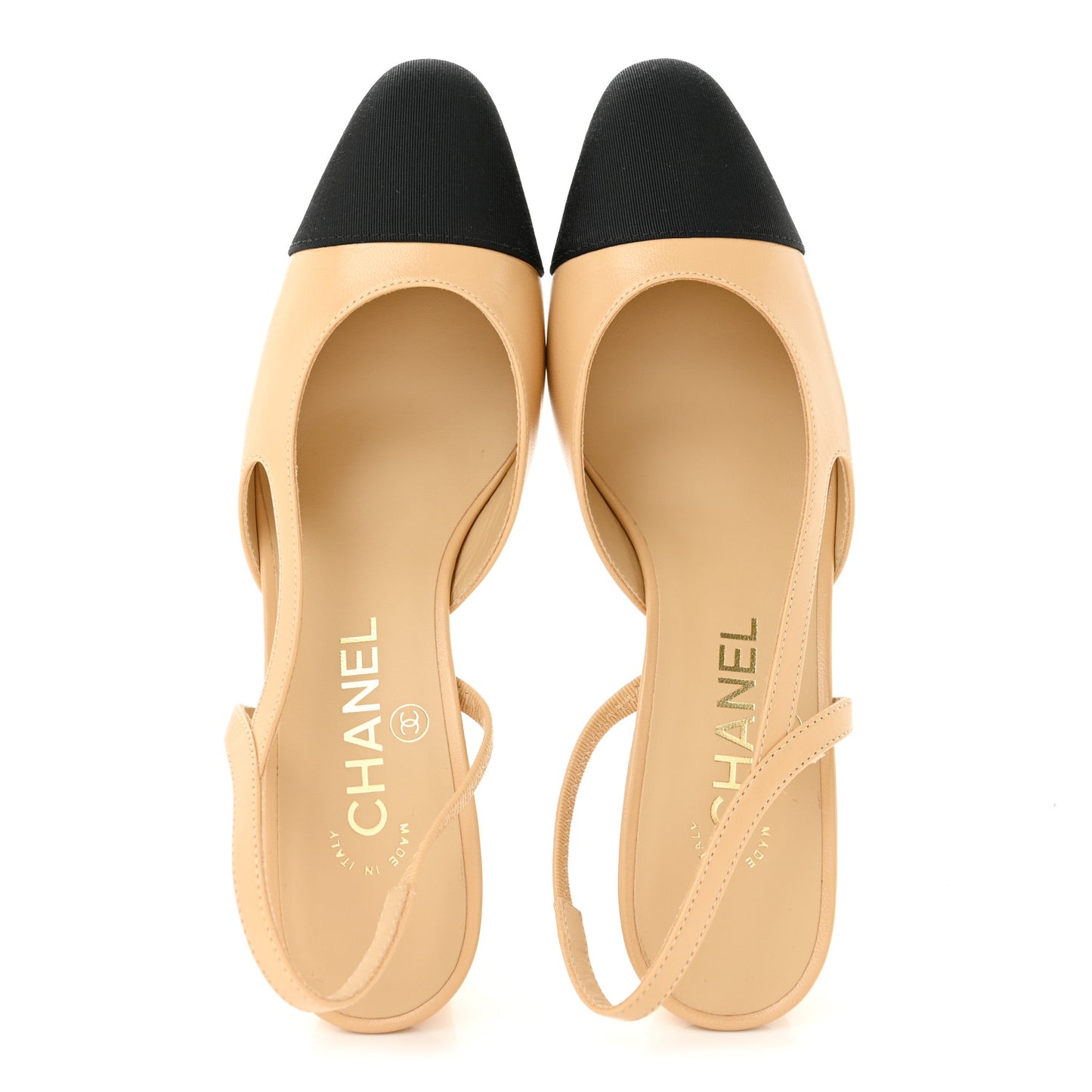 Goatskin Grosgrain Cap Toe CC Slingback Pumps 37 Beige Black