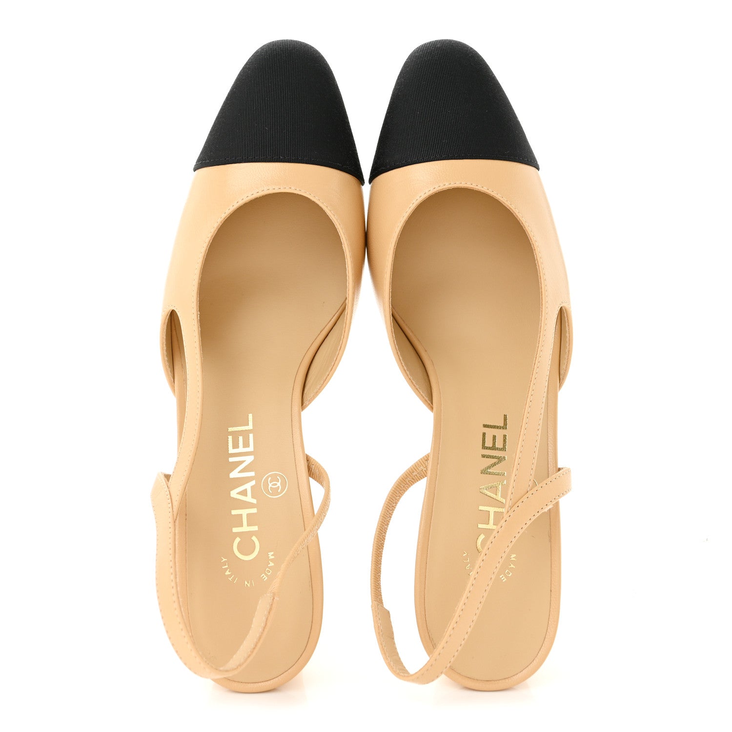Chanel Goatskin Grosgrain Cap Toe CC Slingback Pumps 37 Beige Black 2 of 10