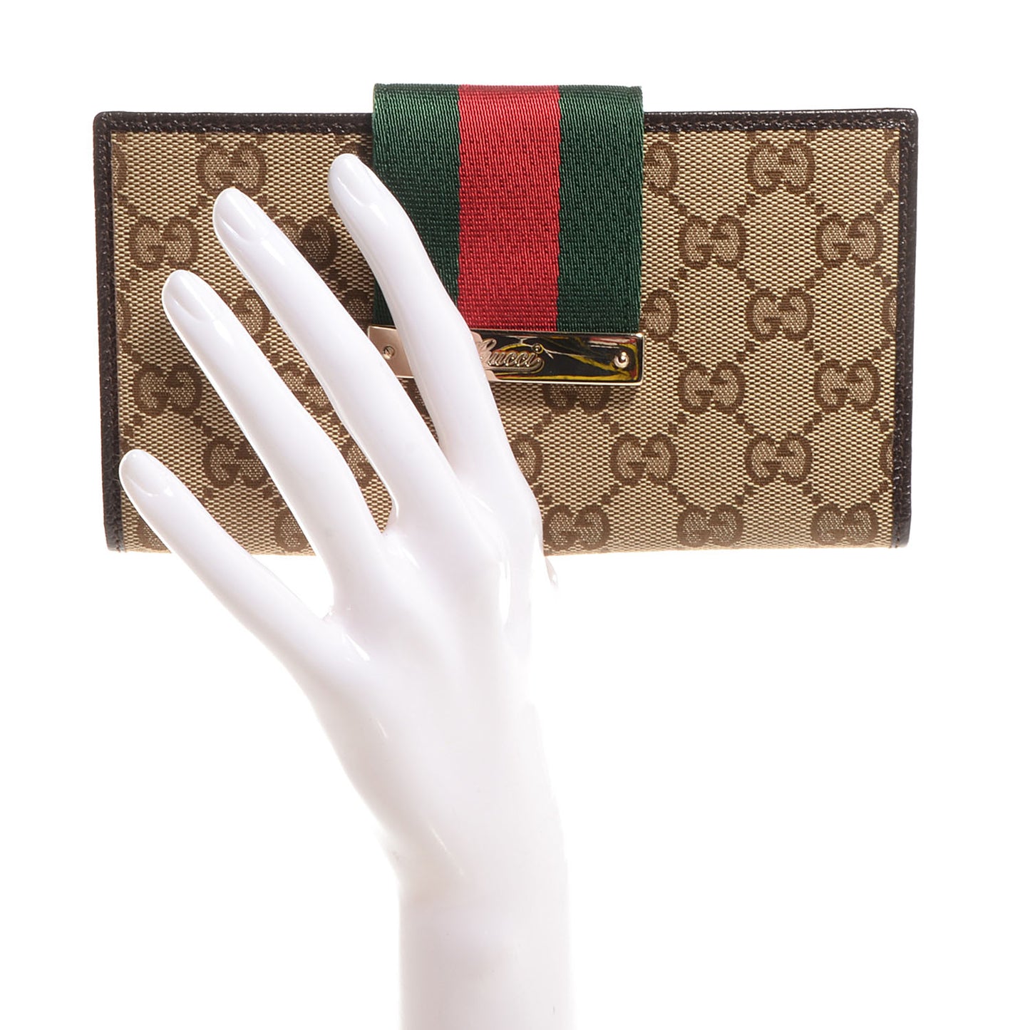 Monogram Calfskin Ladies Web Continental Wallet Beige Ebony Cocoa