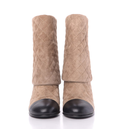 Chanel Suede Quilted Foldover CC Clover Short Boots 40 Beige Black 3 of 11