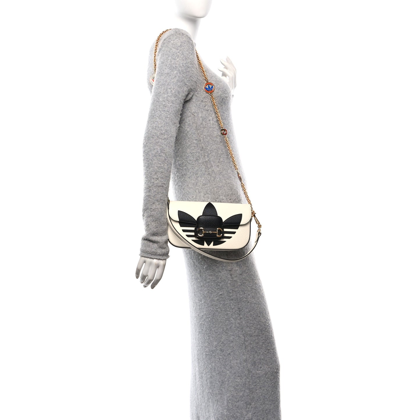 X ADIDAS Textured Dollar Calfskin Web Small Trefoil Horsebit 1955 Shoulder Bag White