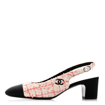 Chanel Glittered Tweed Grosgrain Cap Toe Slingback Pumps 38.5 Ecru Pink Red Black 1 of 11