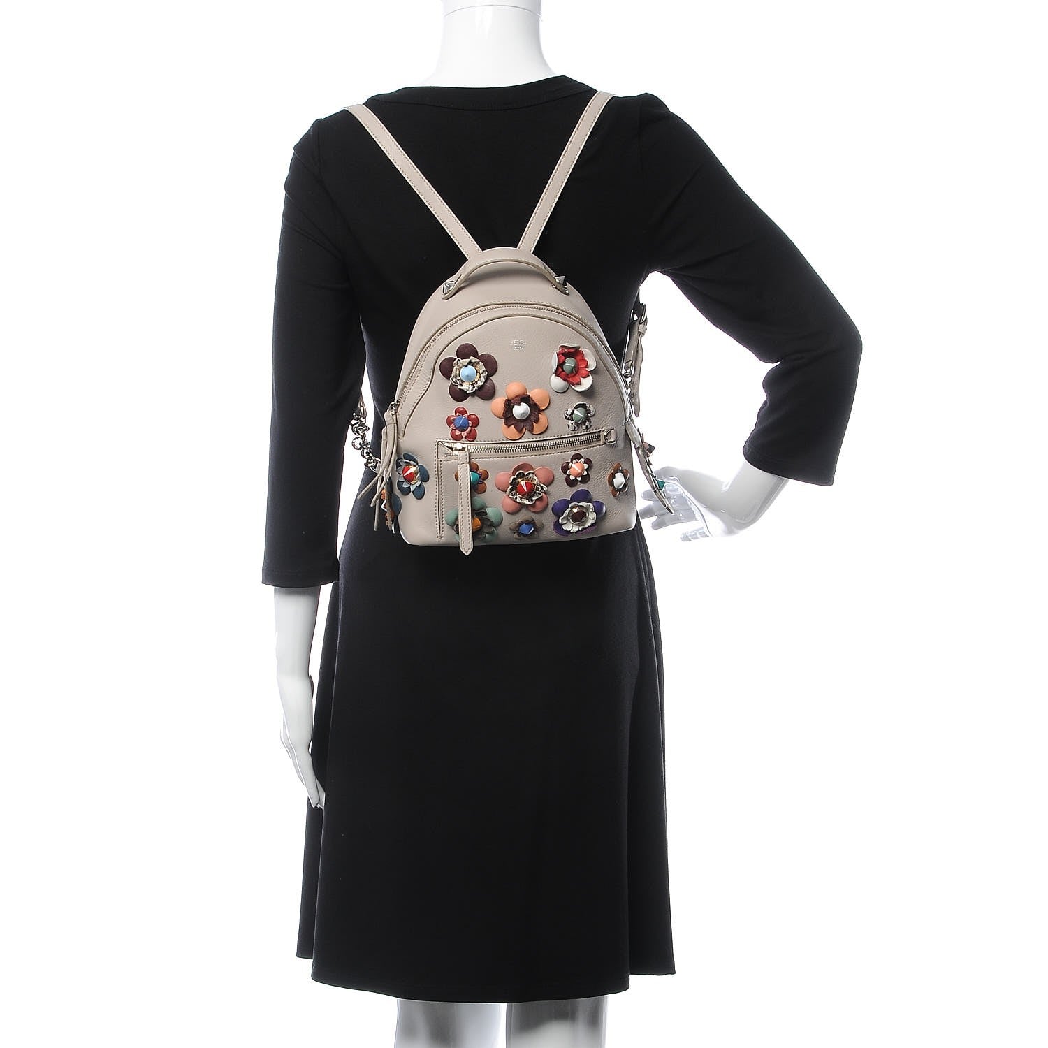 Fendi Vitello Dolce Flowerland Studded Mini Backpack Grigio Polvere Multicolor 2 of 15