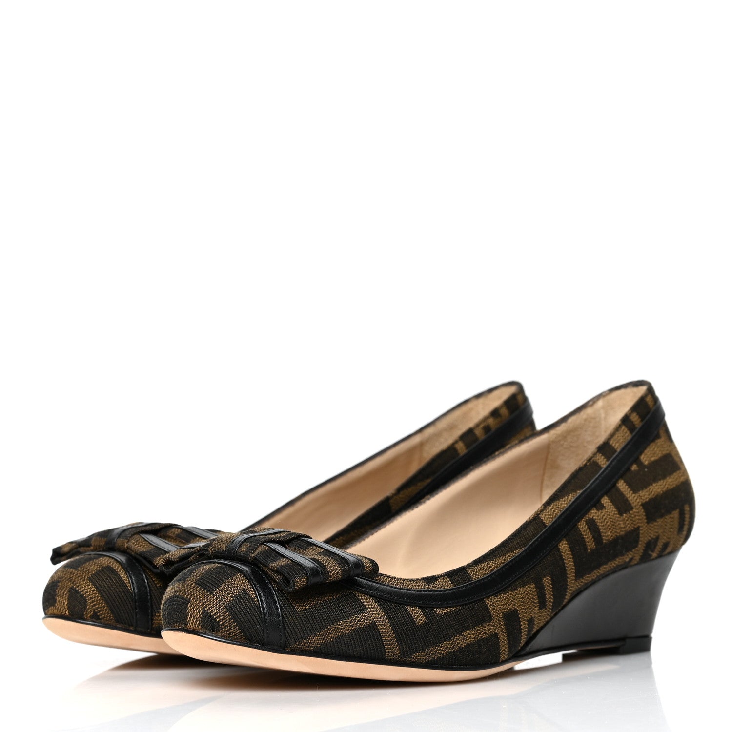 Fendi Canvas FF Calfskin Bow Wedge Mules 36 Tobacco Moro 3 of 7