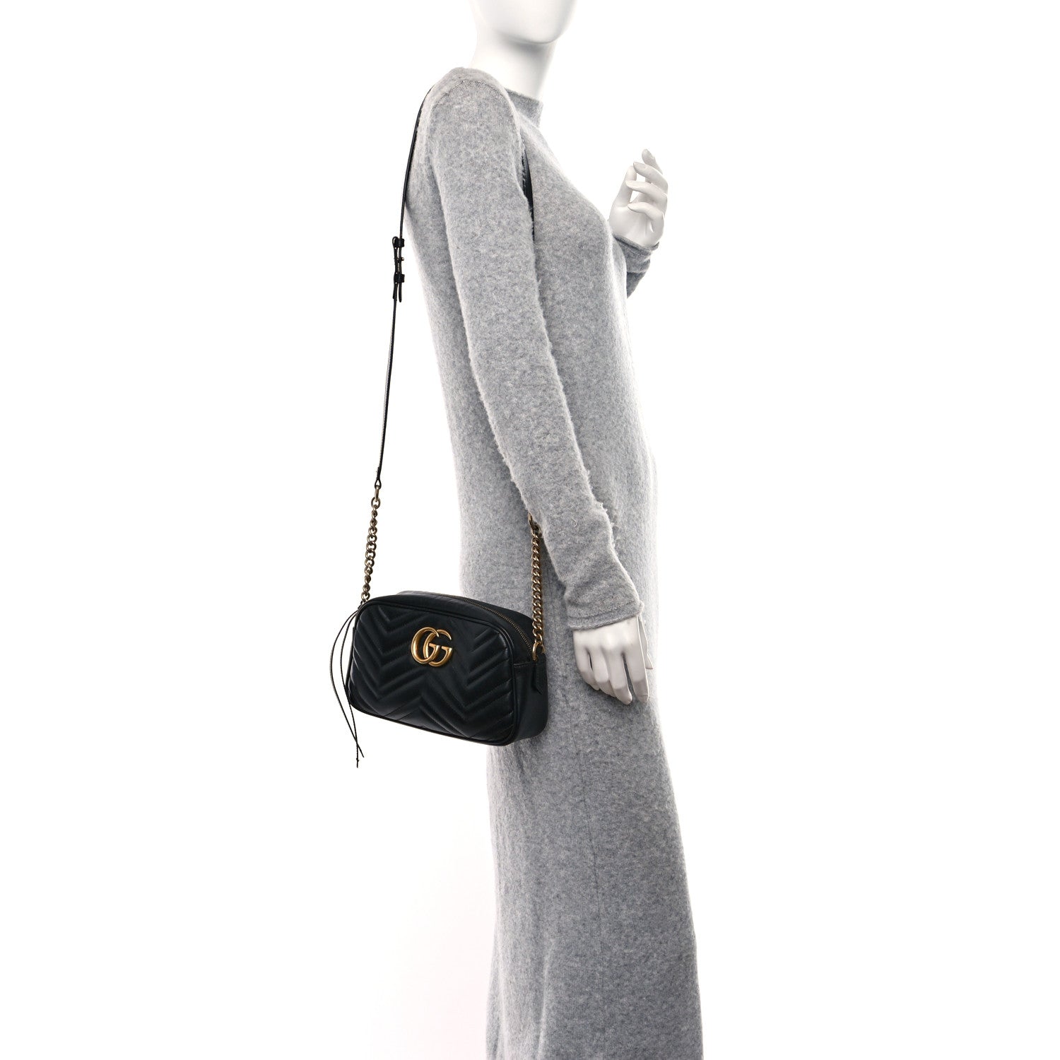 Gucci Calfskin Matelasse Small GG Marmont Chain Shoulder Bag Black 2 of 12