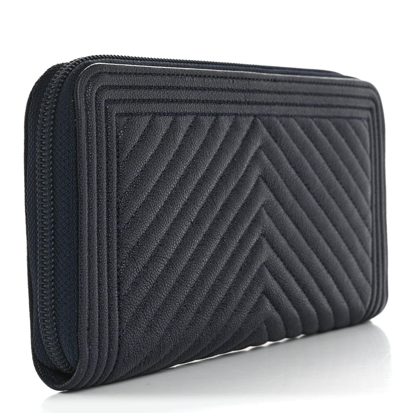 Caviar Chevron Quilted Zip Around Boy Wallet Navy