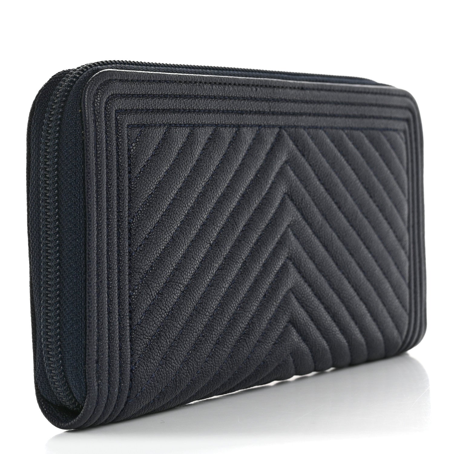 Chanel Caviar Chevron Quilted Zip Around Boy Wallet Navy 3 of 8
