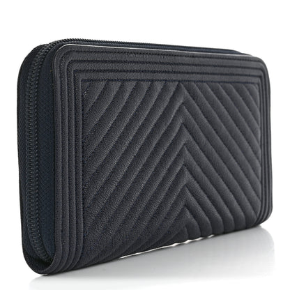 Chanel Caviar Chevron Quilted Zip Around Boy Wallet Navy 3 of 8
