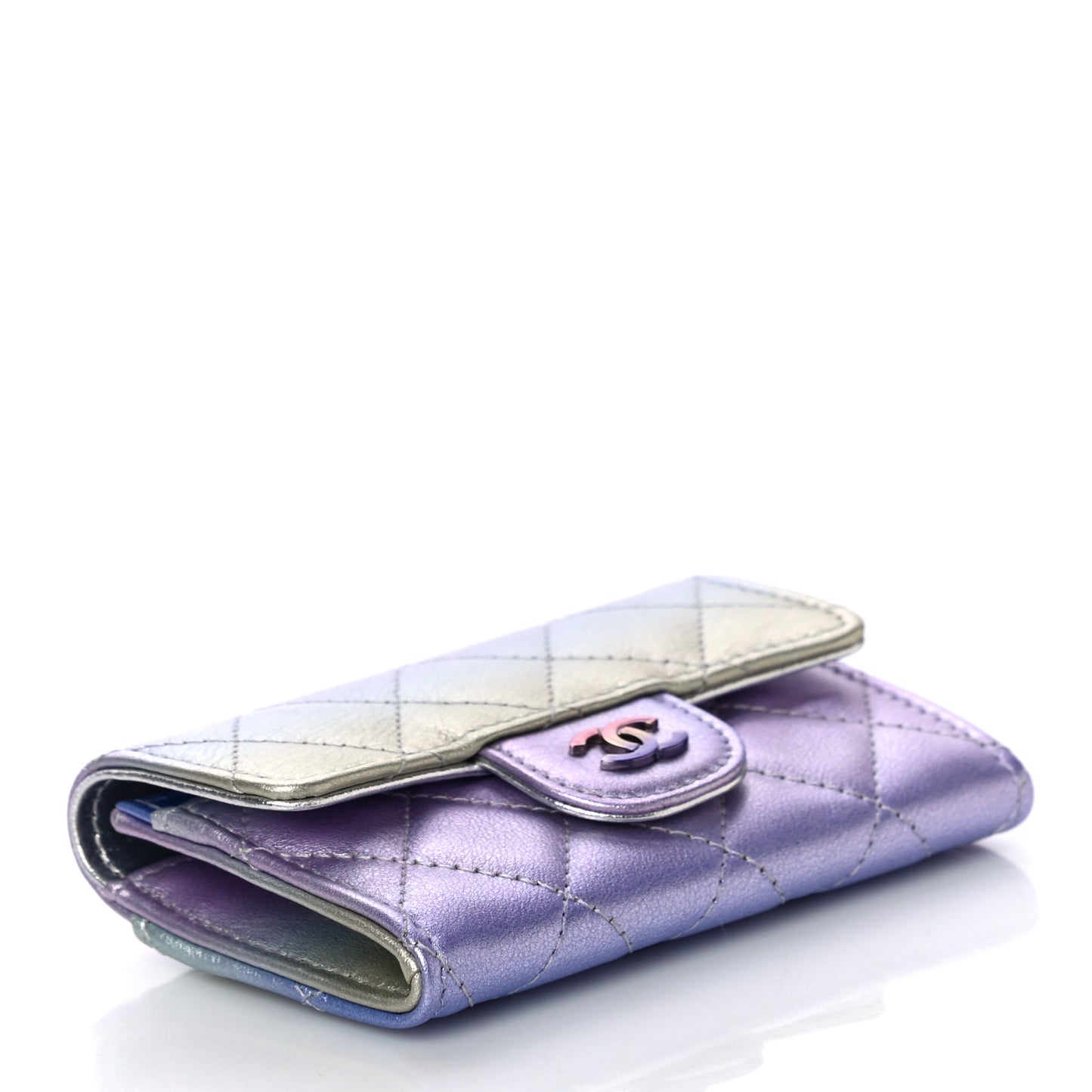 Gradient Metallic Calfskin Quilted Flap Card Holder Wallet Silver Blue Yellow Purple