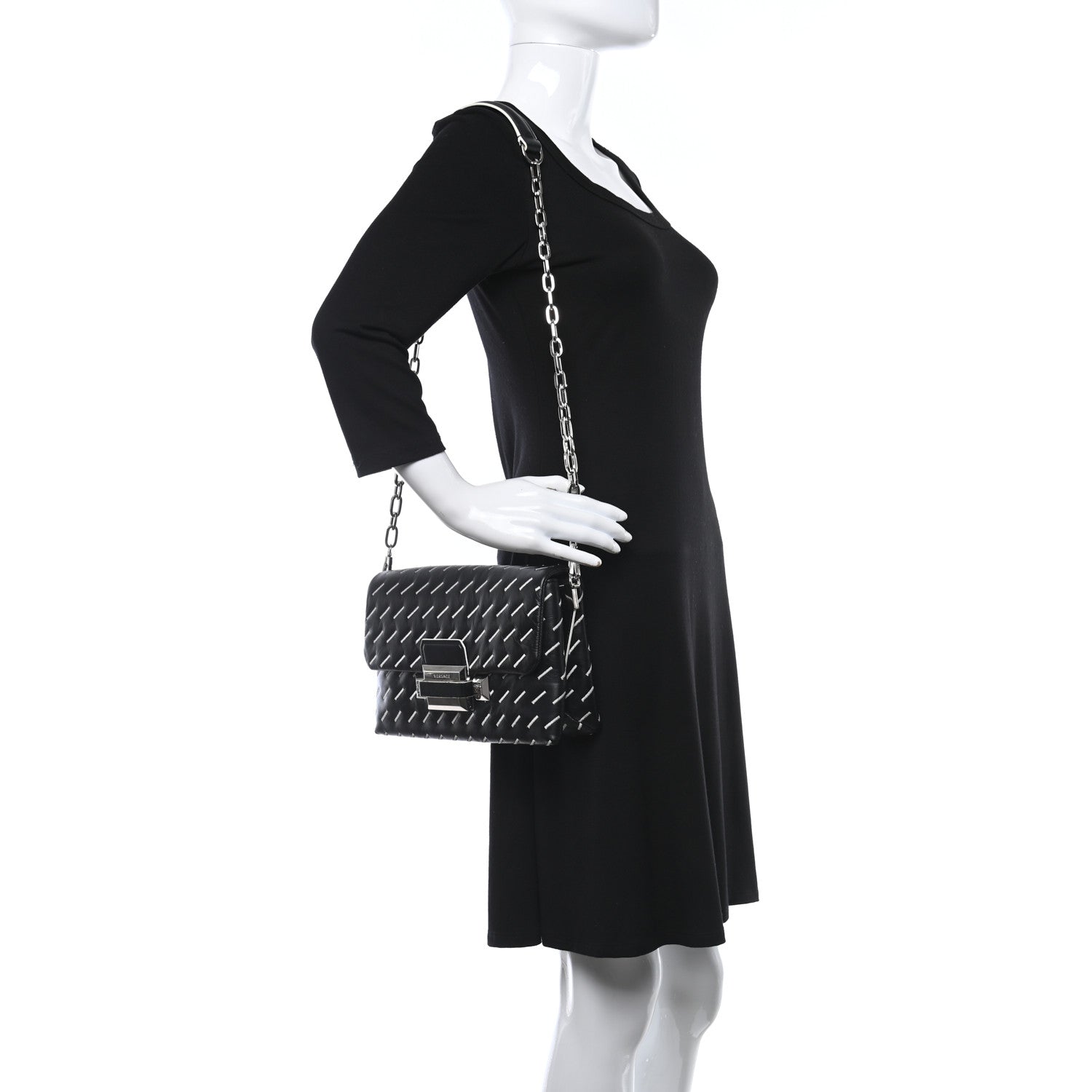Versace Calfskin Embroidered Chain Shoulder Bag Black White 2 of 9
