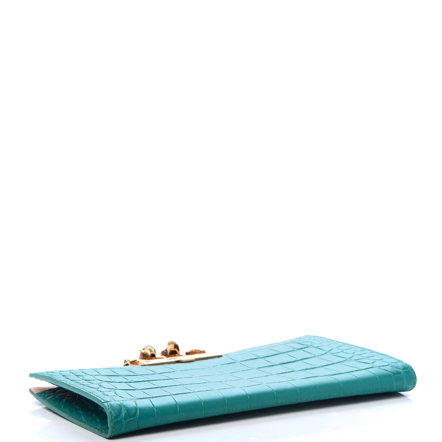 Alexander McQueen Calfskin Crocodile Embossed Knuckle Flat Clutch Green 4 of 10