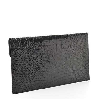 Saint Laurent Calfskin Crocodile Embossed Uptown Monogram Clutch Black 3 of 8