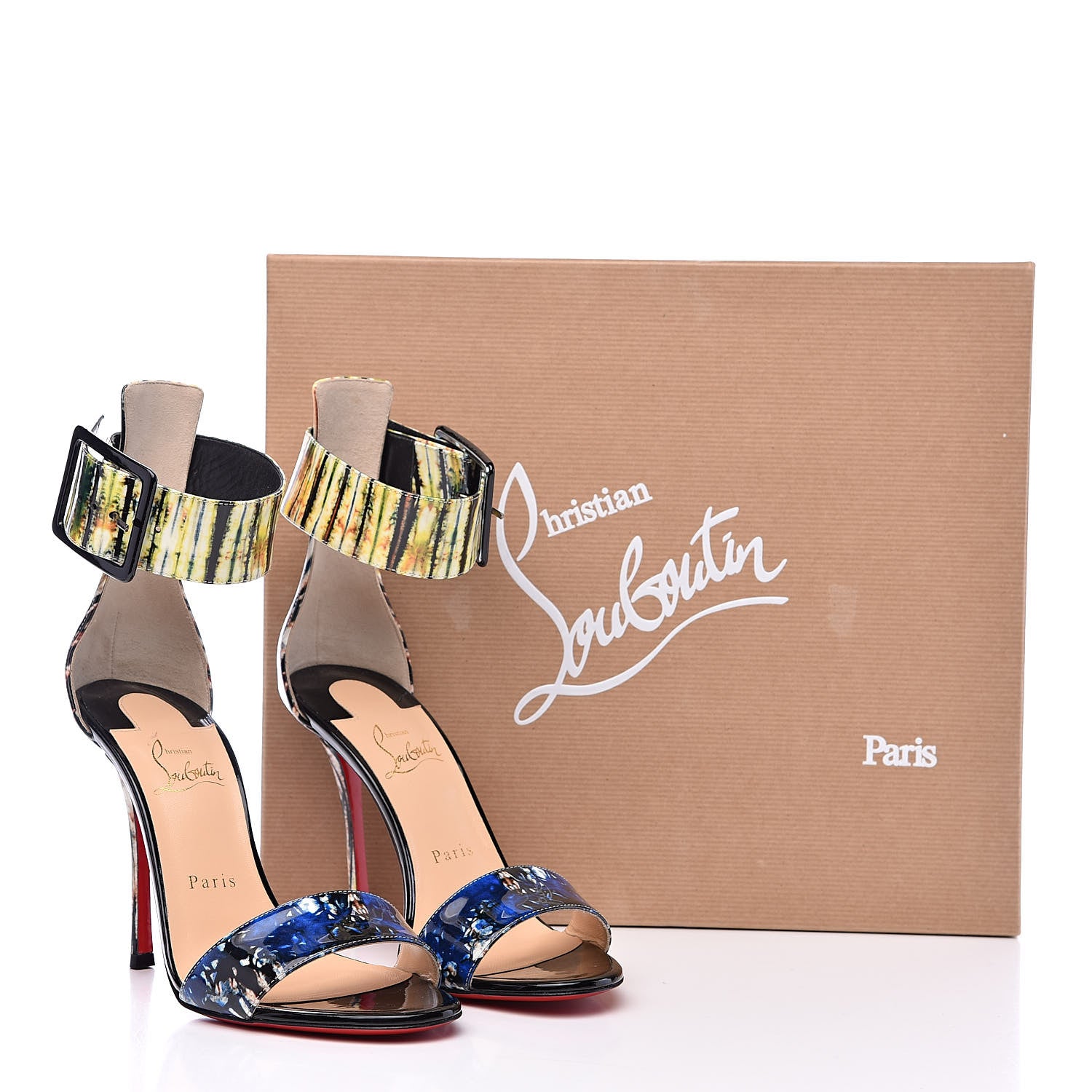 Christian Louboutin Patent Bazin Blade Runana 100 Sandals 38.5 Black Multi 9 of 9