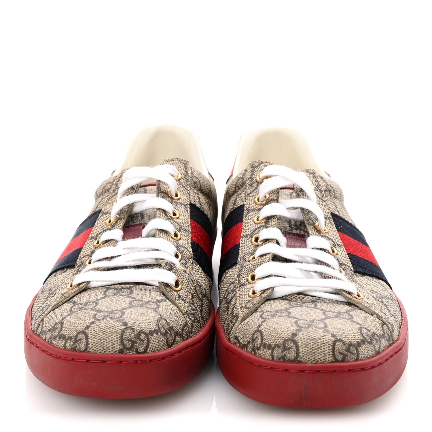 Gucci GG Supreme Monogram Ayers Web Mens New Ace Sneakers  9 Beige Ebony Red 3 of 9